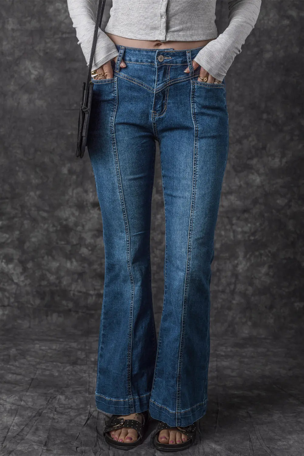 Blue High Waist Seam Stitching Pocket Flare Jeans eAura
