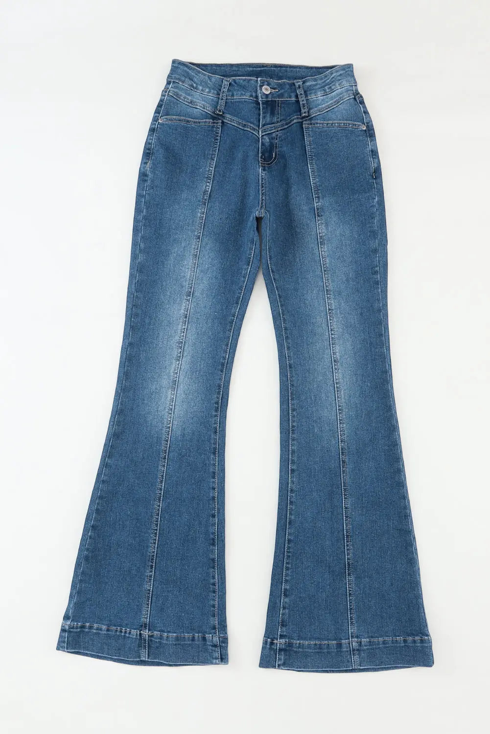 Blue High Waist Seam Stitching Pocket Flare Jeans eAura