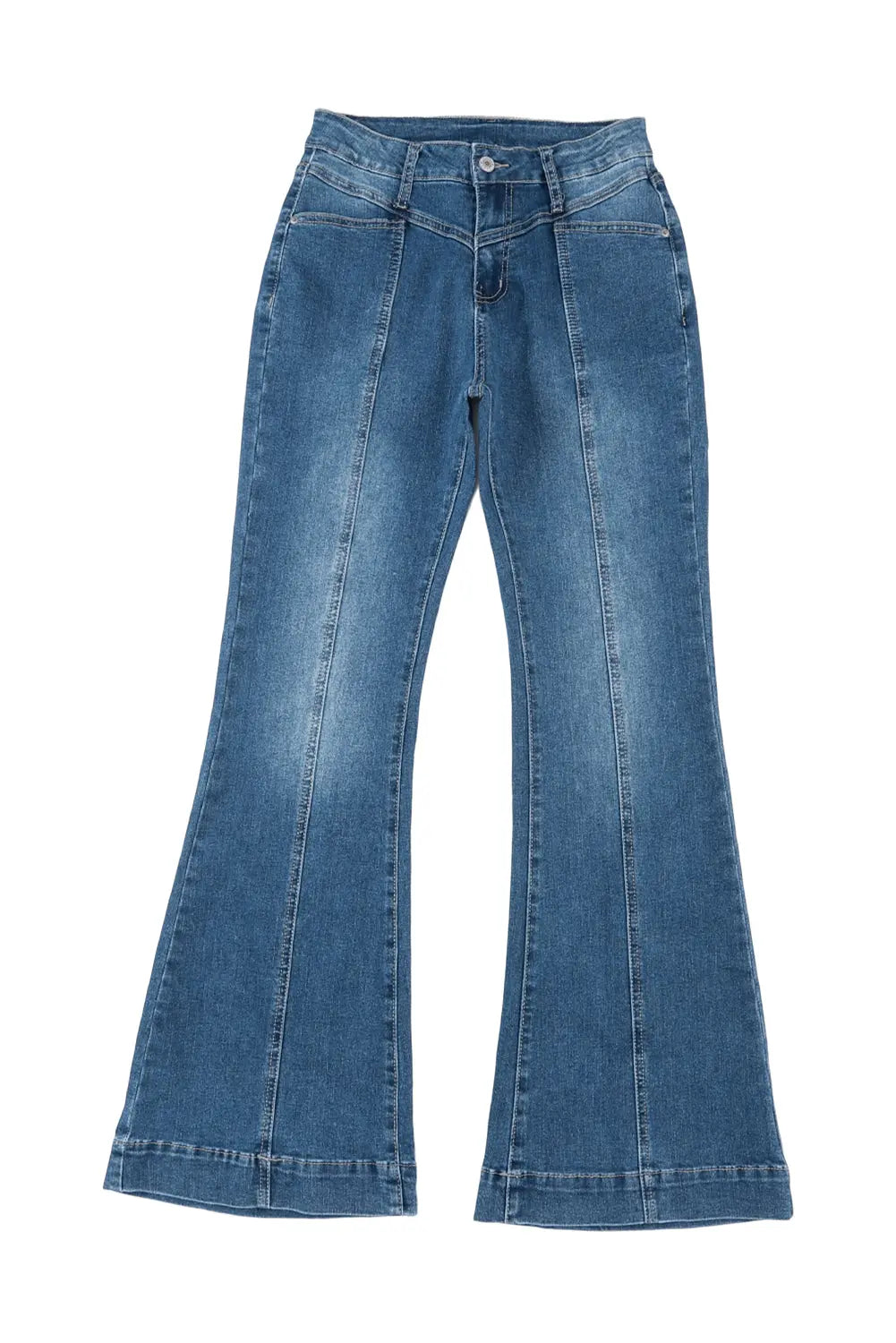Blue High Waist Seam Stitching Pocket Flare Jeans eAura
