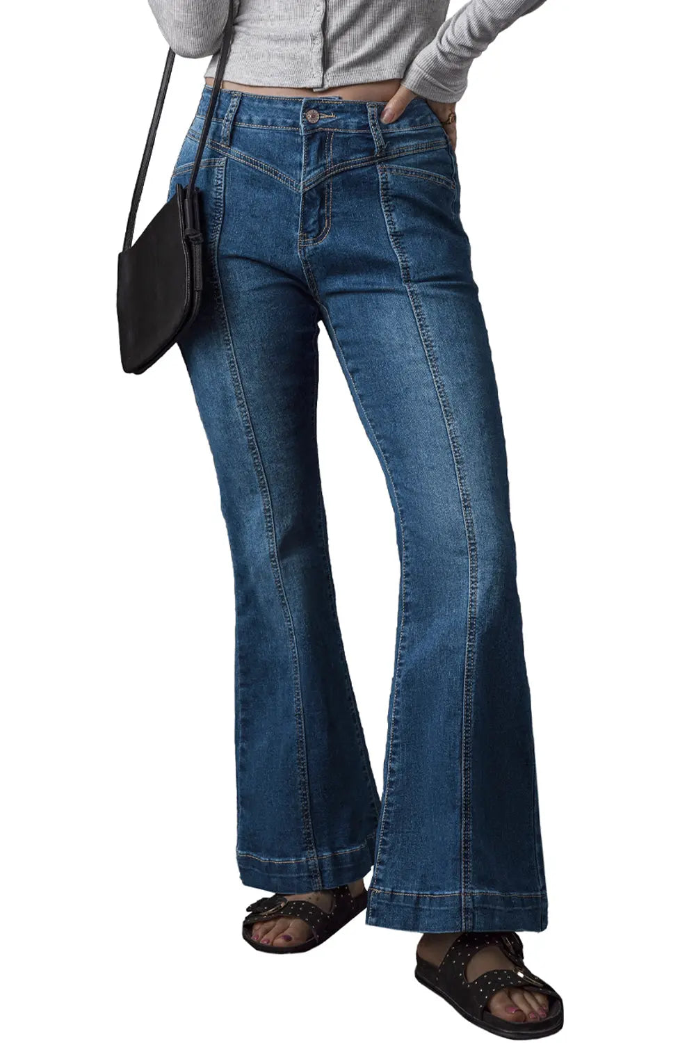 Blue High Waist Seam Stitching Pocket Flare Jeans eAura