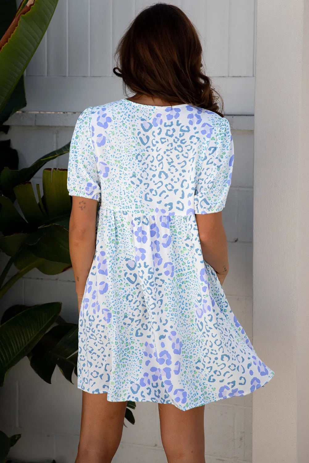 Blue Leopard Contrast Bow Puff Sleeve Mini Dress - eAura