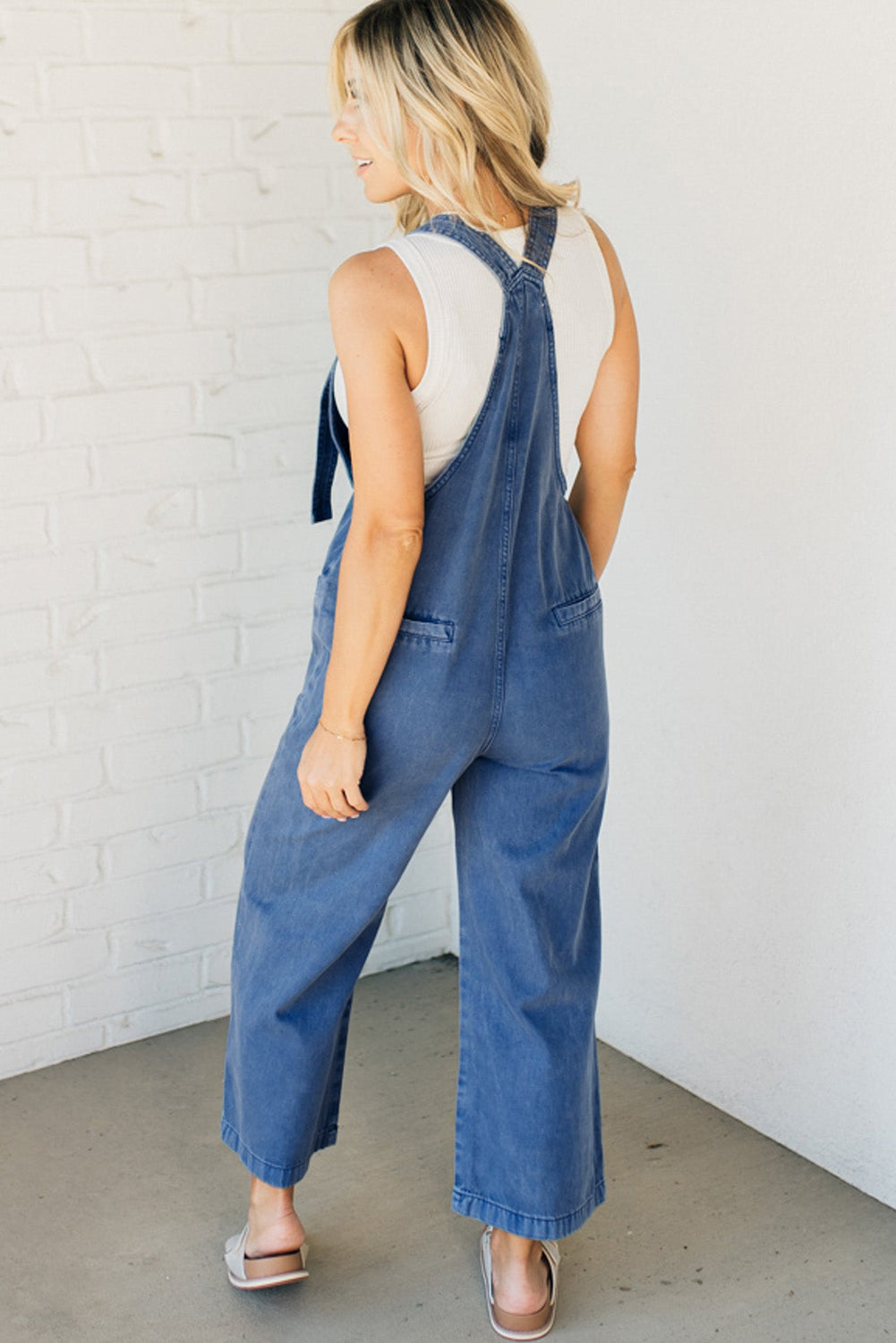 Blue Mineral Wash Knot Strap Patched Pocket Wide Leg Denim Overalls Dungarees - eAura
