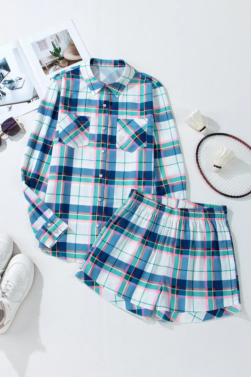 Blue Plaid Print Shirt and Shorts 2Pcs Pyjamas Beagle Boutique Fashion Outlet