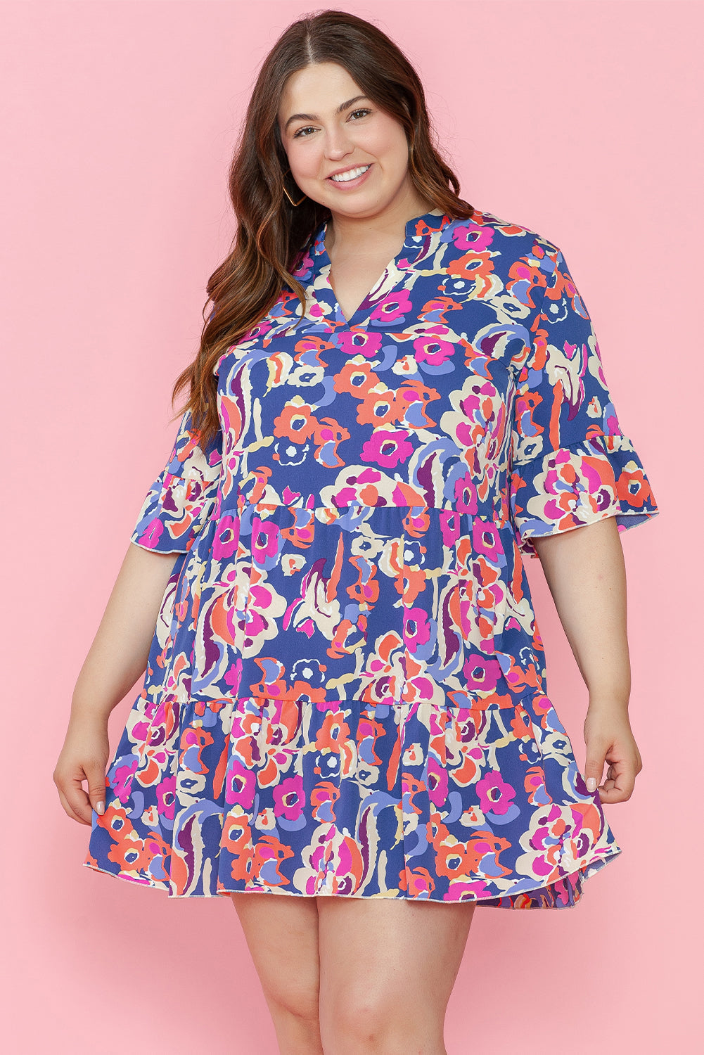 Blue Plus Size Floral Print Ruffled 3/4 Sleeve Mini Dress - eAura