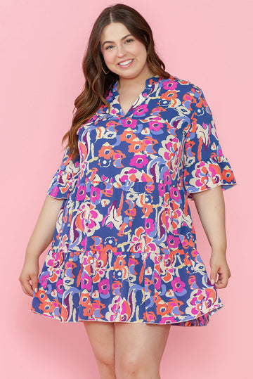 Blue Plus Size Floral Print Ruffled 3/4 Sleeve Mini Dress - eAura