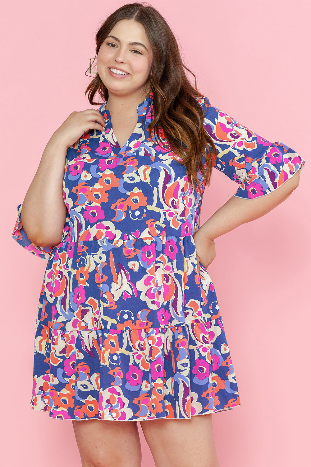 Blue Plus Size Floral Print Ruffled 3/4 Sleeve Mini Dress - eAura