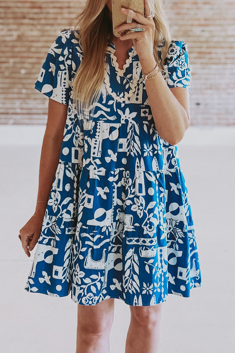 Blue Ricrac Trim Split Neck Floral Loose Dress - eAura