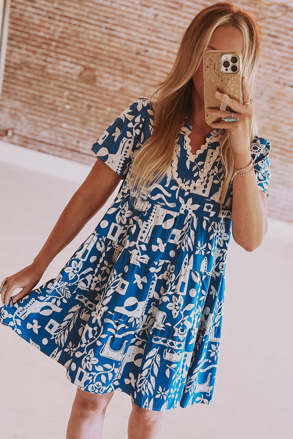 Blue Ricrac Trim Split Neck Floral Loose Dress - eAura