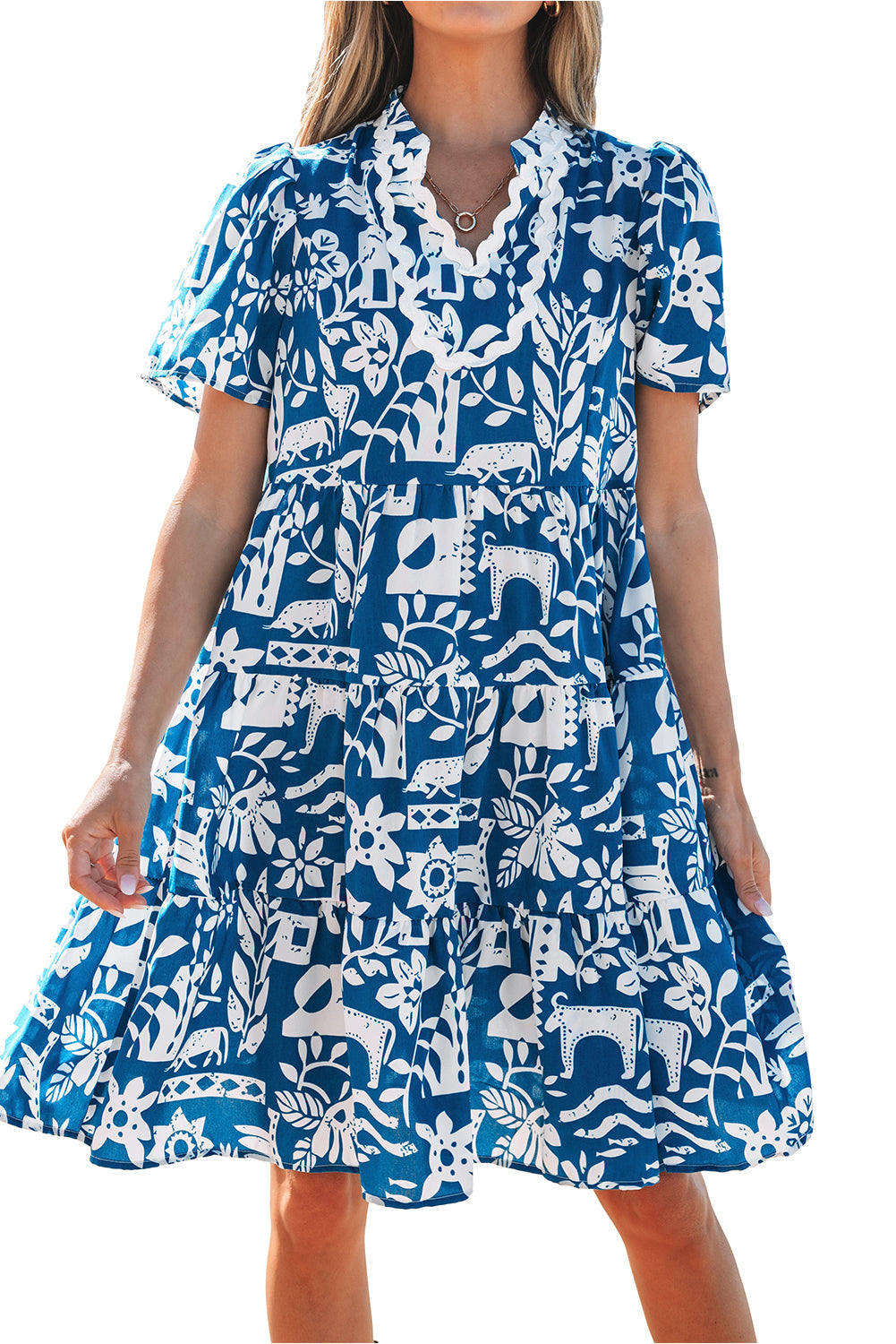 Blue Ricrac Trim Split Neck Floral Loose Dress - eAura