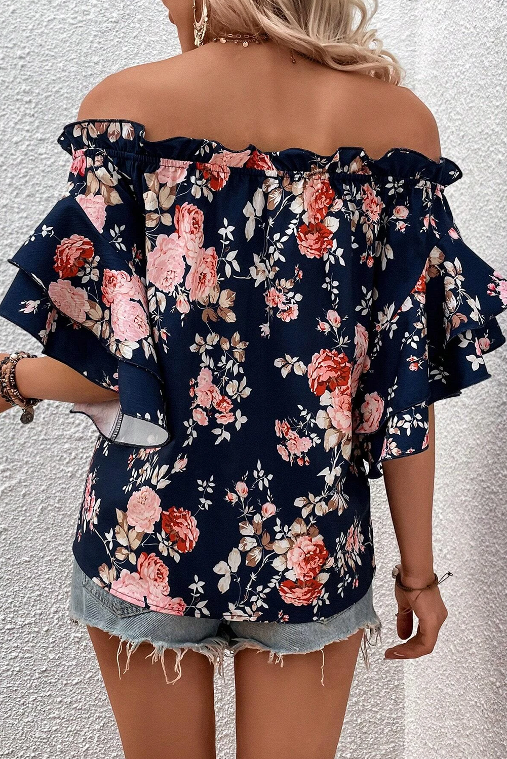 Blue Ruffle Off Shoulder Flounce Sleeve Floral Blouse - eAura