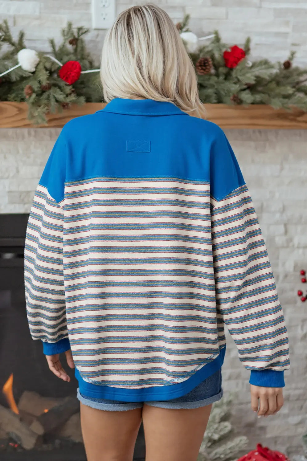 Blue Stripe Buttoned V Neck Collared Drop Shoulder Top - eAura