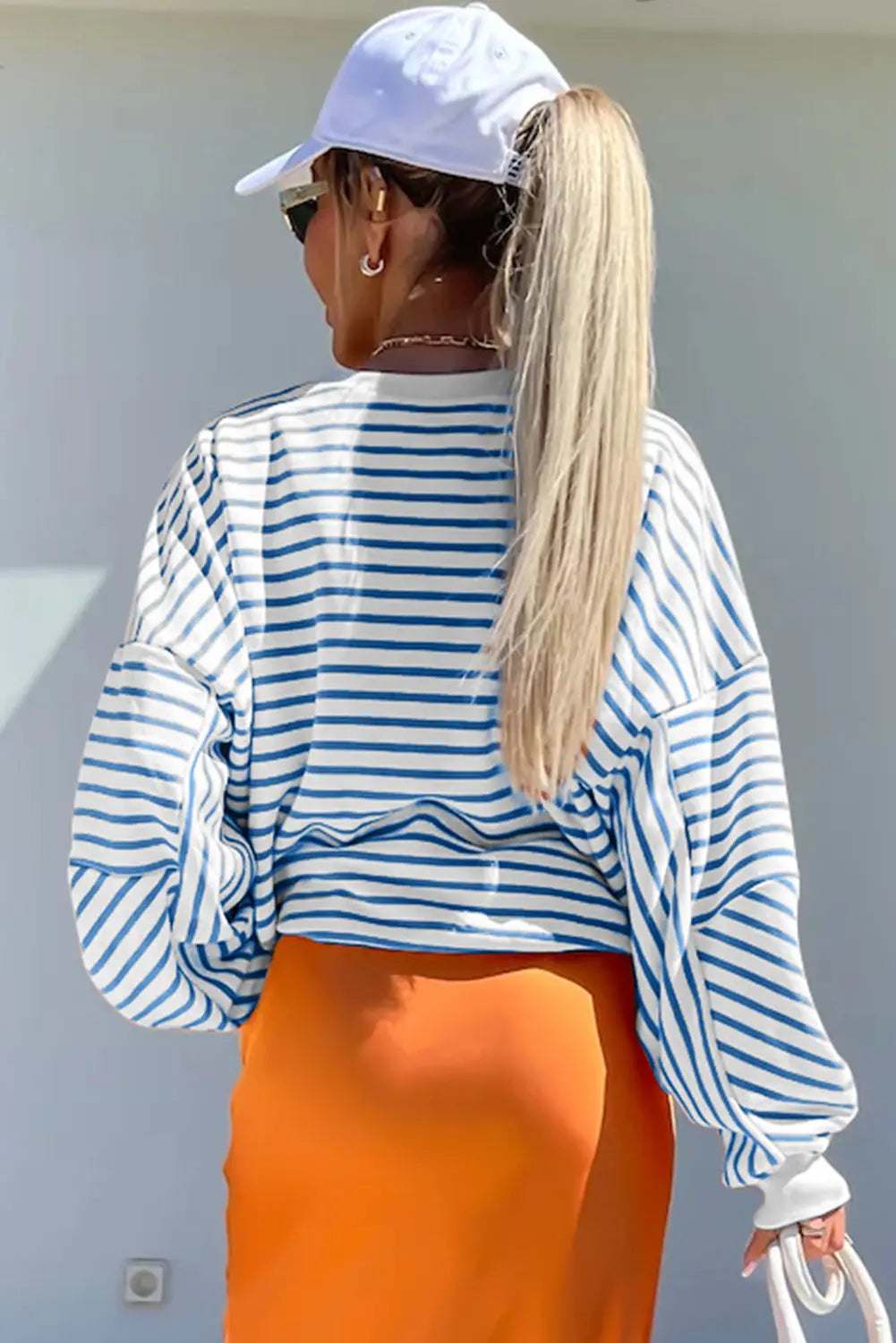 Blue Stripe Drop Shoulder Crew Neck Loose Sweatshirt Beagle Boutique Fashion Outlet