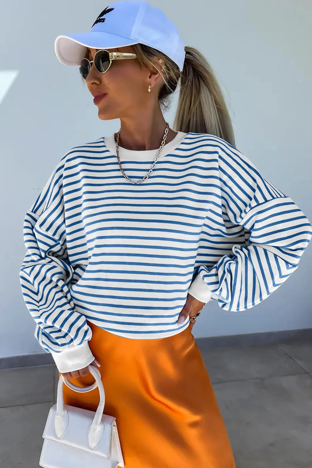 Blue Stripe Drop Shoulder Crew Neck Loose Sweatshirt Beagle Boutique Fashion Outlet