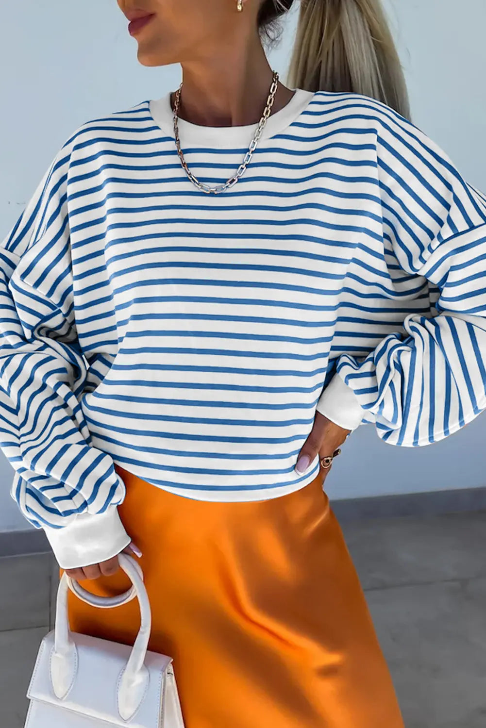 Blue Stripe Drop Shoulder Crew Neck Loose Sweatshirt Beagle Boutique Fashion Outlet