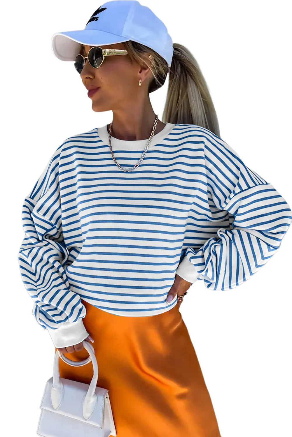 Blue Stripe Drop Shoulder Crew Neck Loose Sweatshirt Beagle Boutique Fashion Outlet