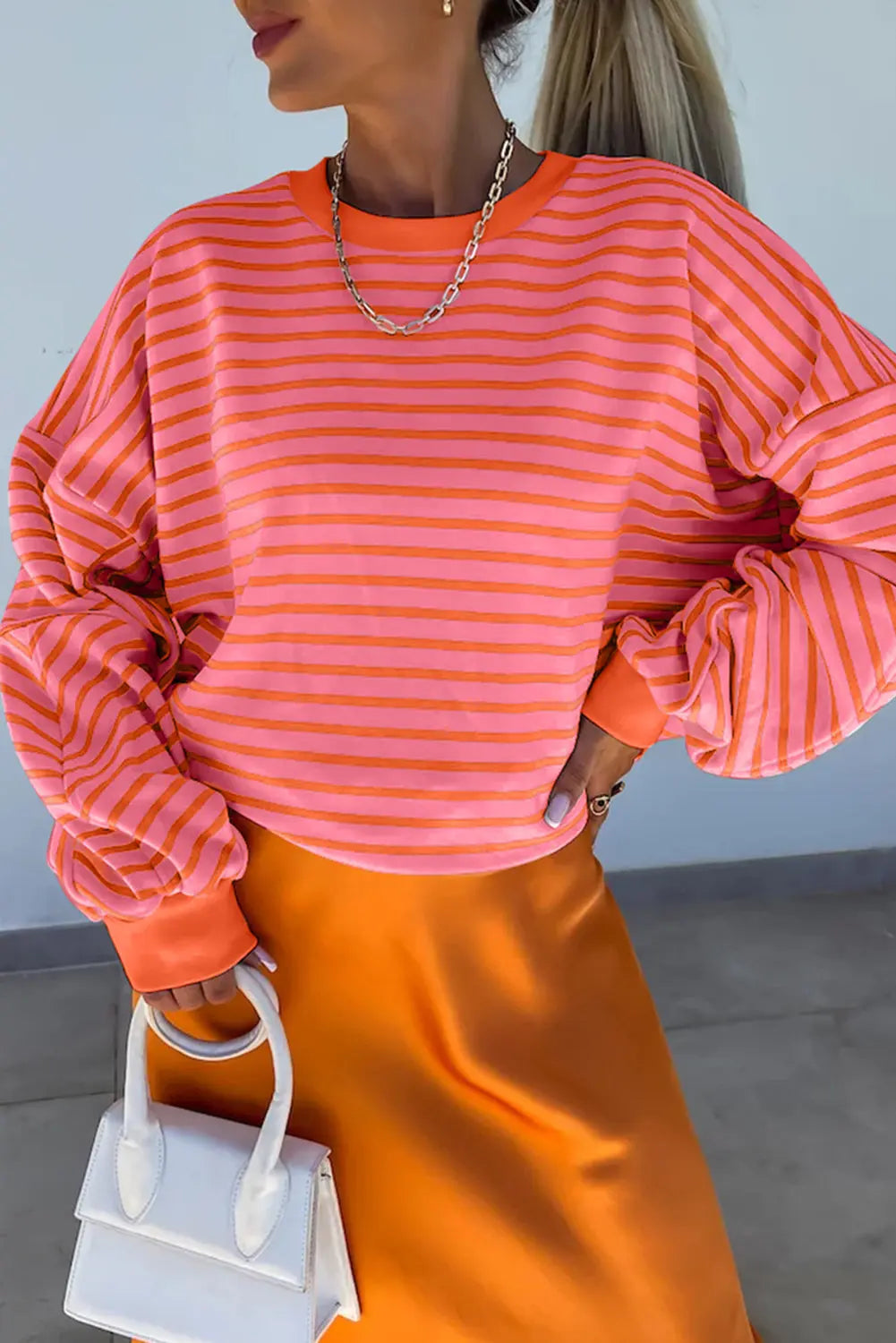 Blue Stripe Drop Shoulder Crew Neck Loose Sweatshirt Beagle Boutique Fashion Outlet