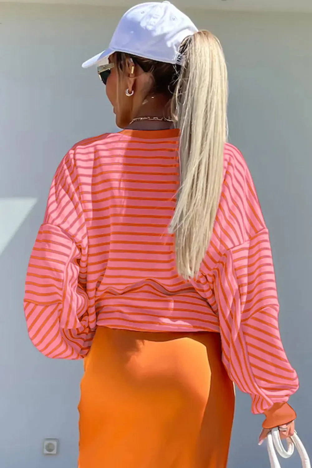 Blue Stripe Drop Shoulder Crew Neck Loose Sweatshirt Beagle Boutique Fashion Outlet