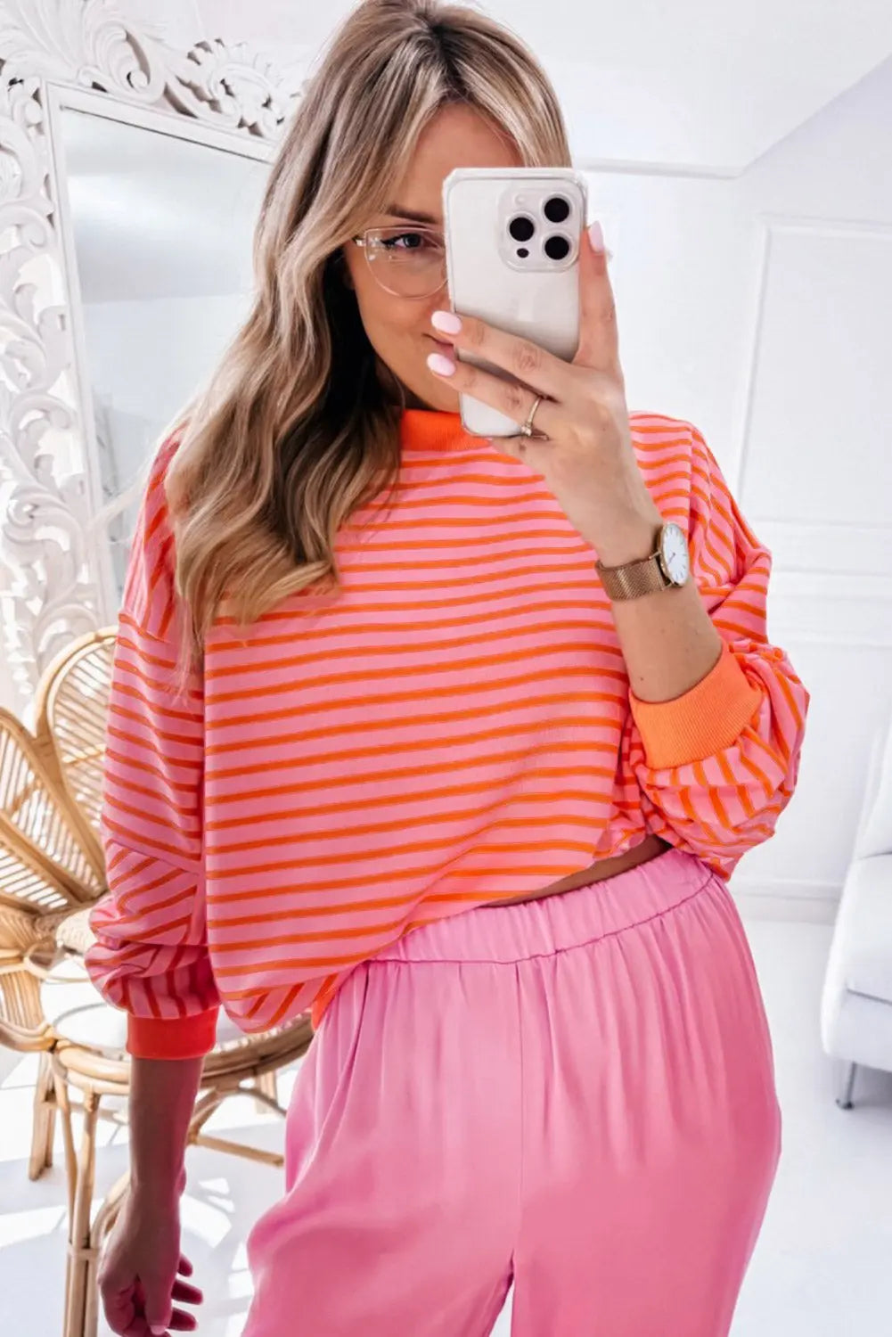 Blue Stripe Drop Shoulder Crew Neck Loose Sweatshirt Beagle Boutique Fashion Outlet