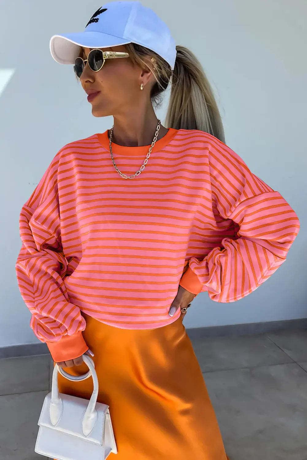 Blue Stripe Drop Shoulder Crew Neck Loose Sweatshirt Beagle Boutique Fashion Outlet