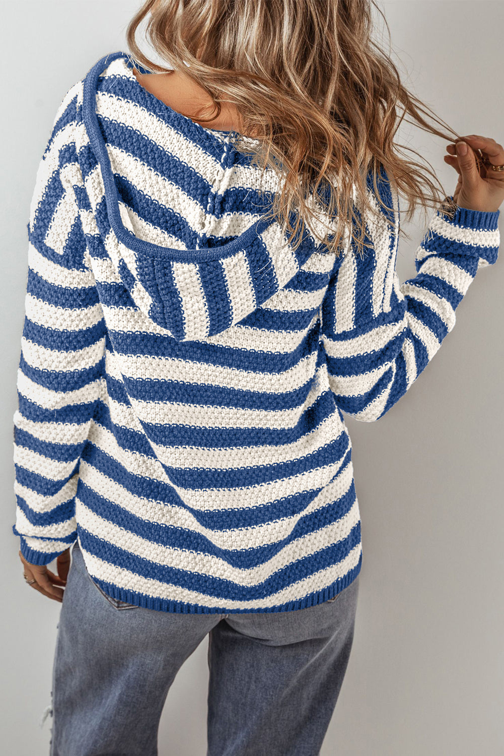 Blue Stripe V Neck Pocketed Drawstring Hooded Sweater - eAura