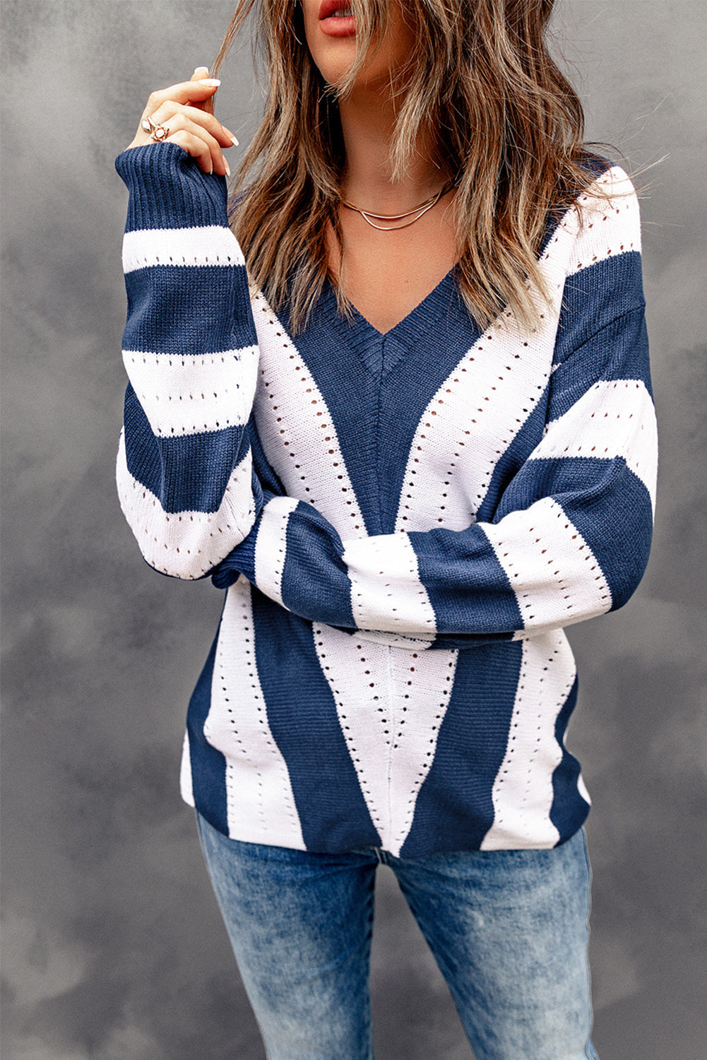 Blue Striped Colourblock V Neck Knitted Sweater - eAura