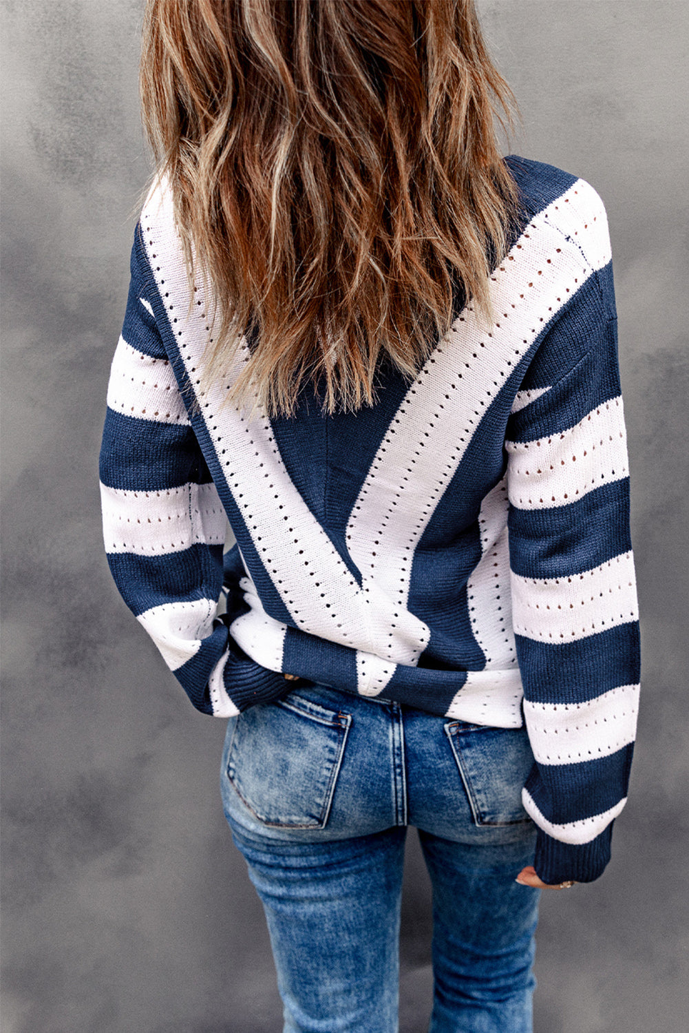 Blue Striped Colourblock V Neck Knitted Sweater - eAura