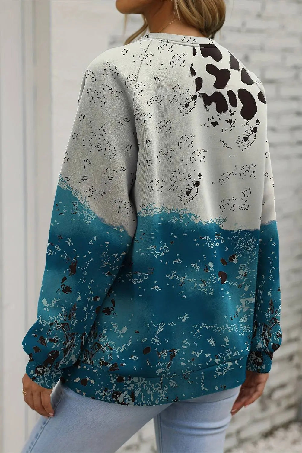 Blue Tie Dye Cow Colour Block Pullover Sweatshirt - BB Fashion Outlet