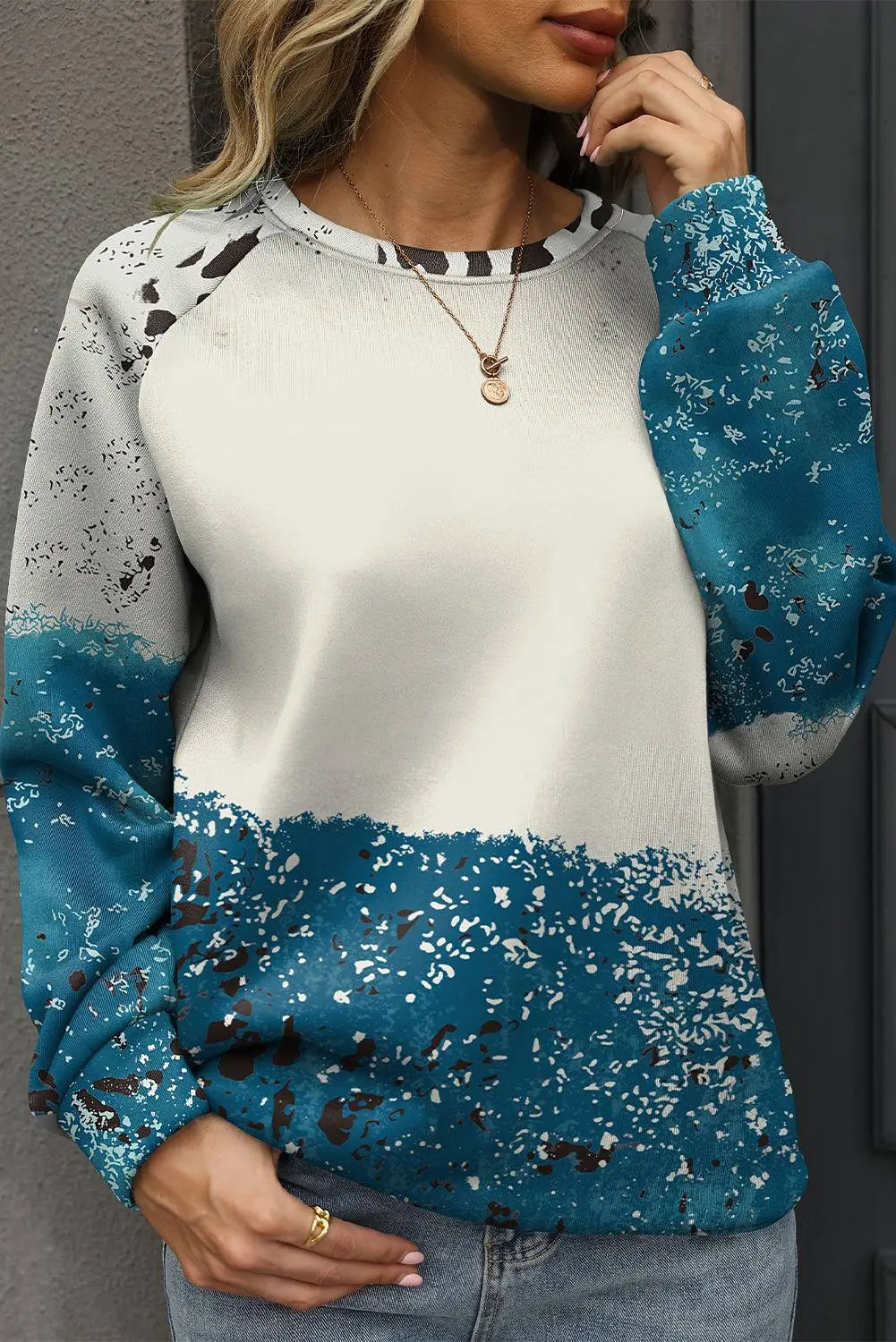 Blue Tie Dye Cow Colour Block Pullover Sweatshirt - BB Fashion Outlet