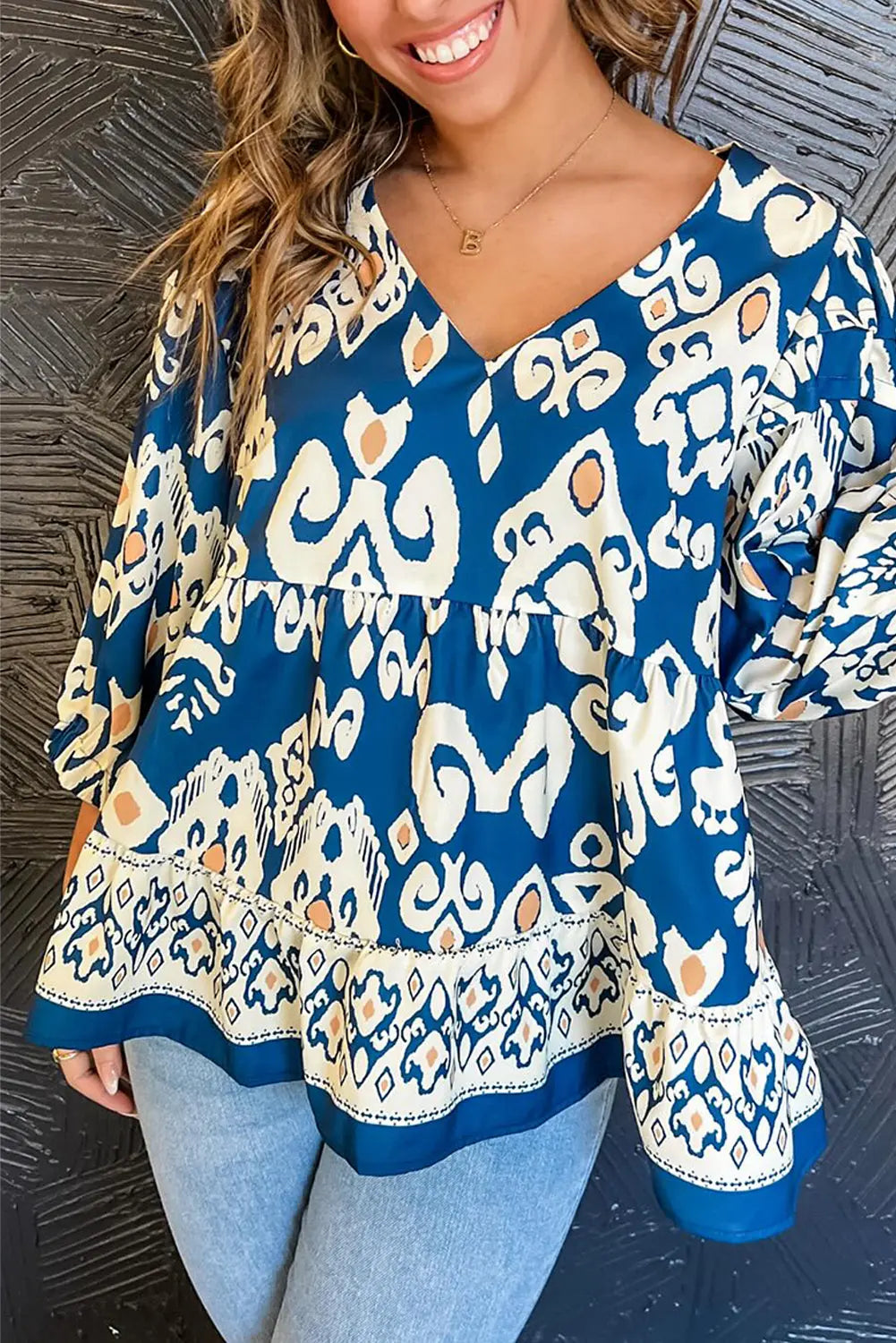 Blue Tribal Geometric Print 3/4 Sleeve Flowy Fit Blouse Beagle Boutique Fashion Outlet