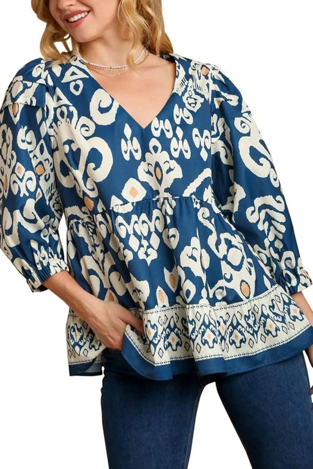 Blue Tribal Geometric Print 3/4 Sleeve Flowy Fit Blouse Beagle Boutique Fashion Outlet