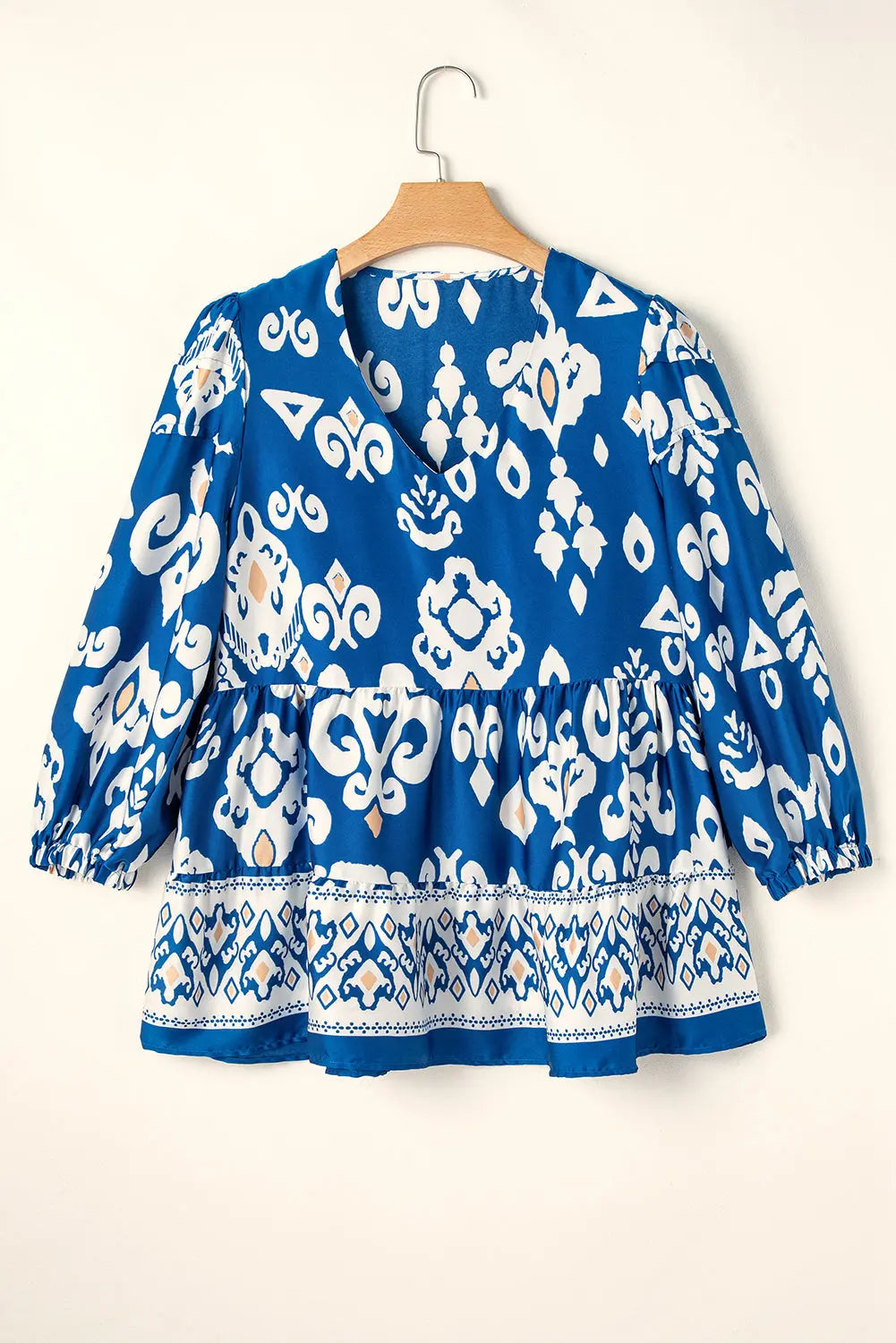 Blue Tribal Geometric Print 3/4 Sleeve Flowy Fit Blouse Beagle Boutique Fashion Outlet