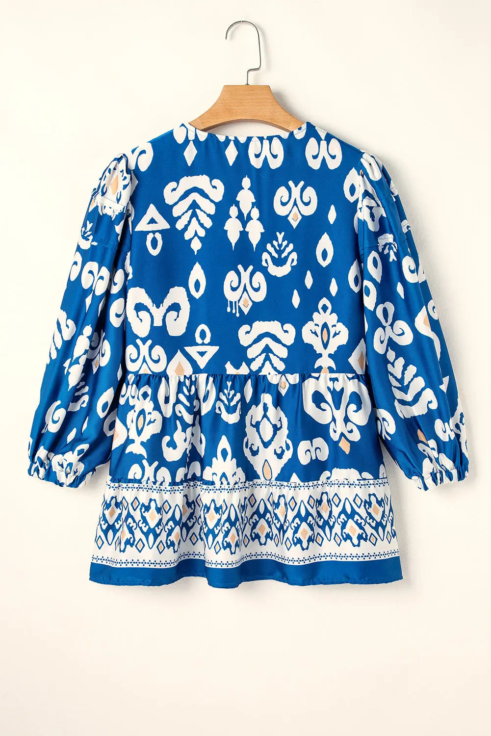 Blue Tribal Geometric Print 3/4 Sleeve Flowy Fit Blouse Beagle Boutique Fashion Outlet