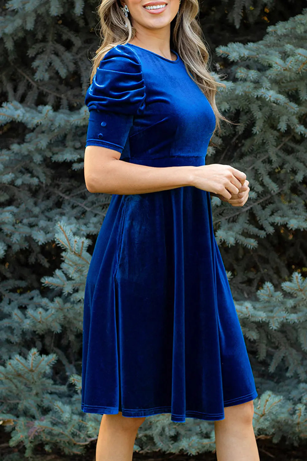 Blue Velvet Ruched Short Sleeve Mini Dress With Pockets - eAura