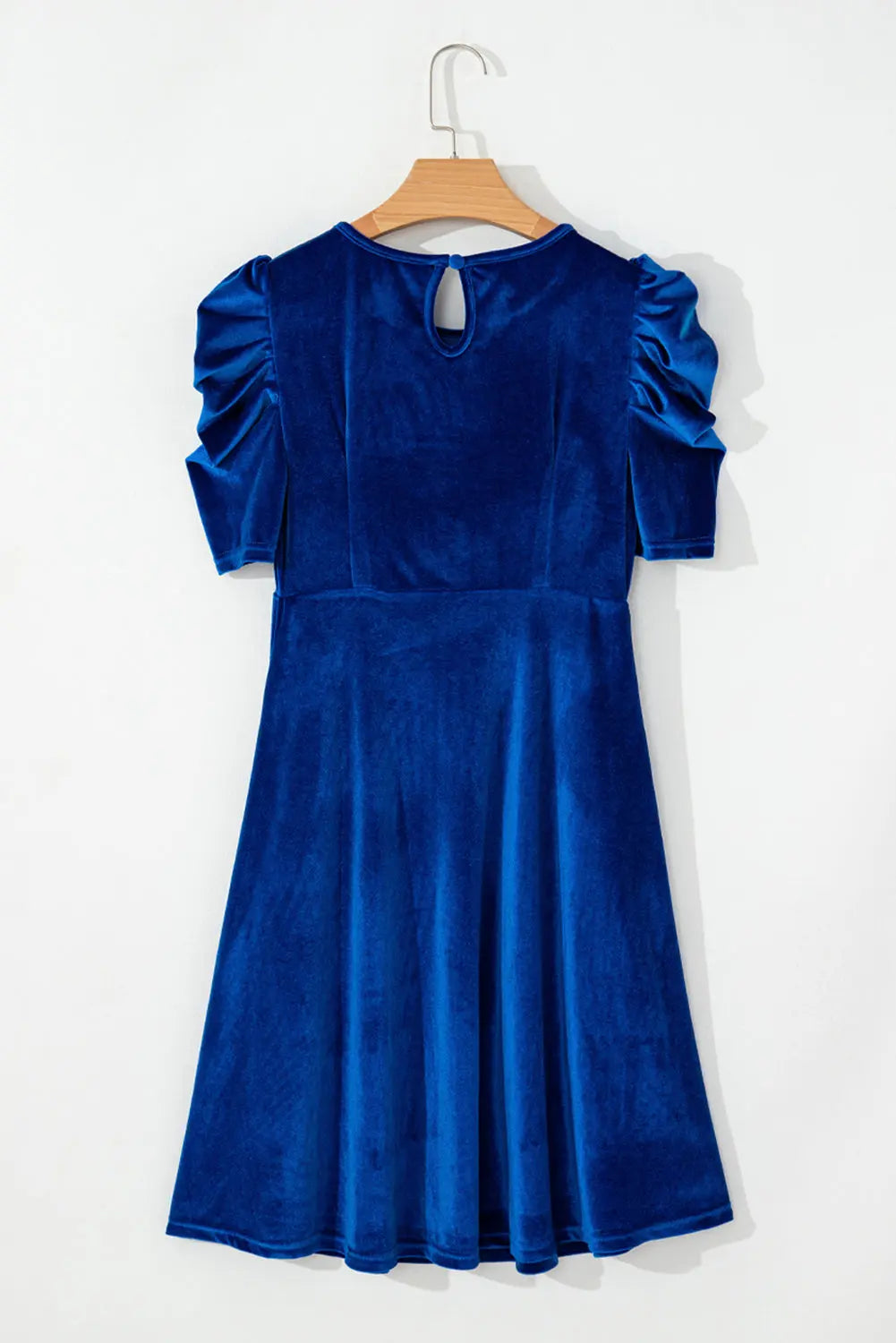 Blue Velvet Ruched Short Sleeve Mini Dress With Pockets - eAura