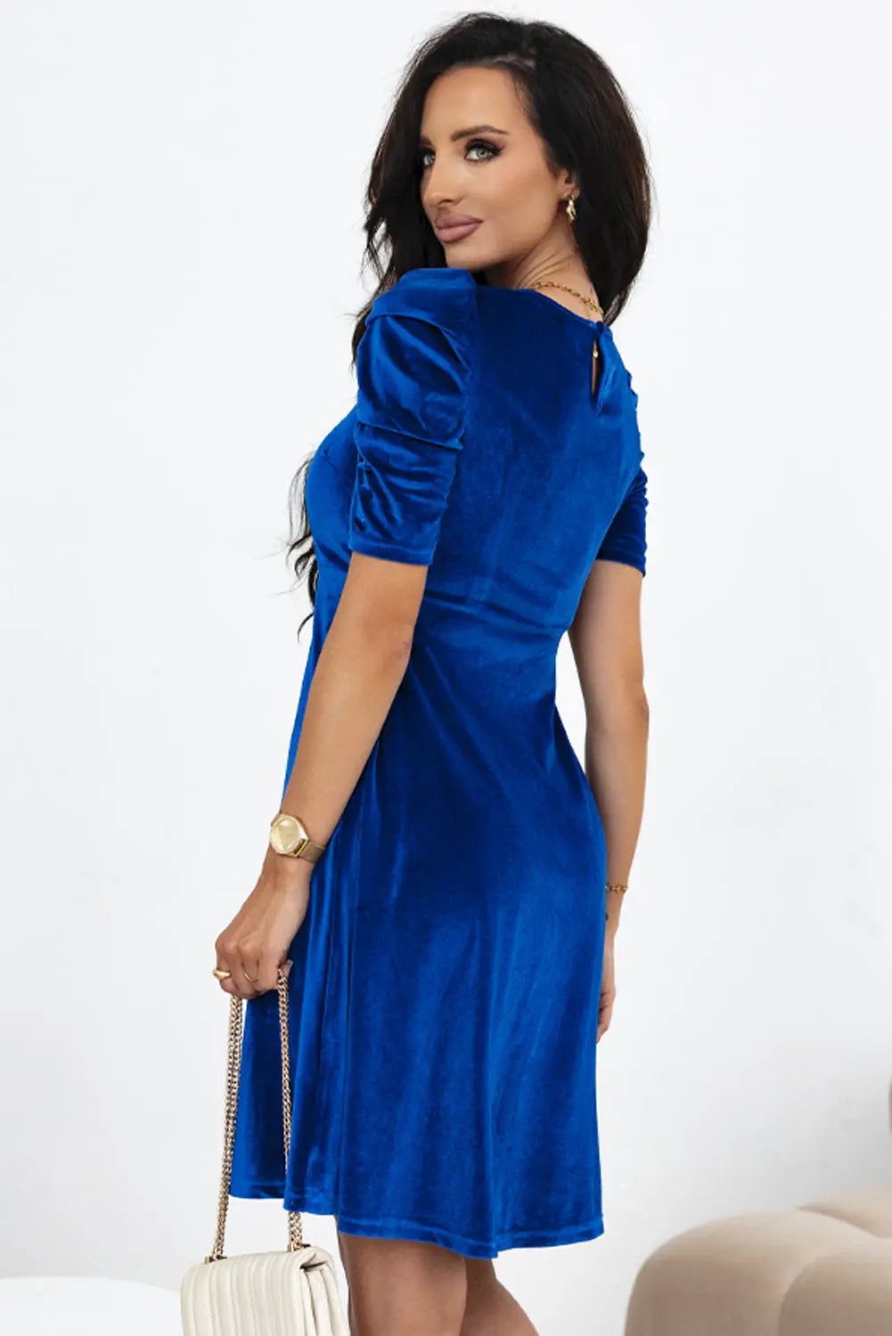 Blue Velvet Ruched Short Sleeve Mini Dress With Pockets - eAura