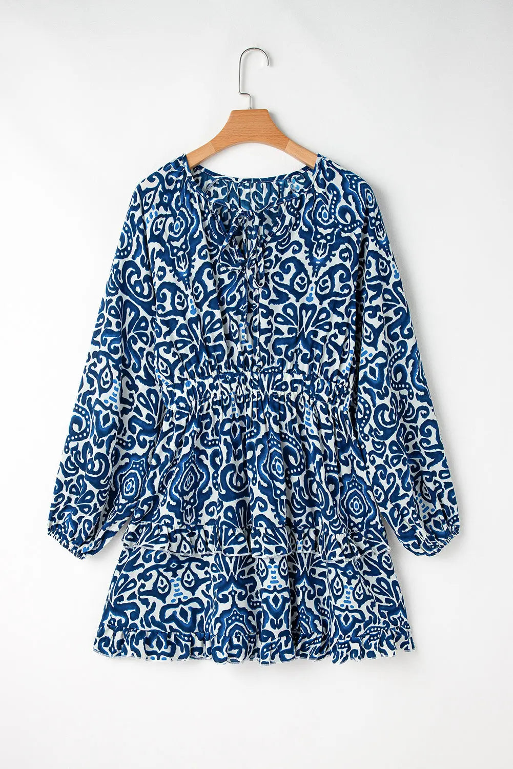 Blue Vintage Print Lace up V Neck Long Sleeve Mini Dress - eAura