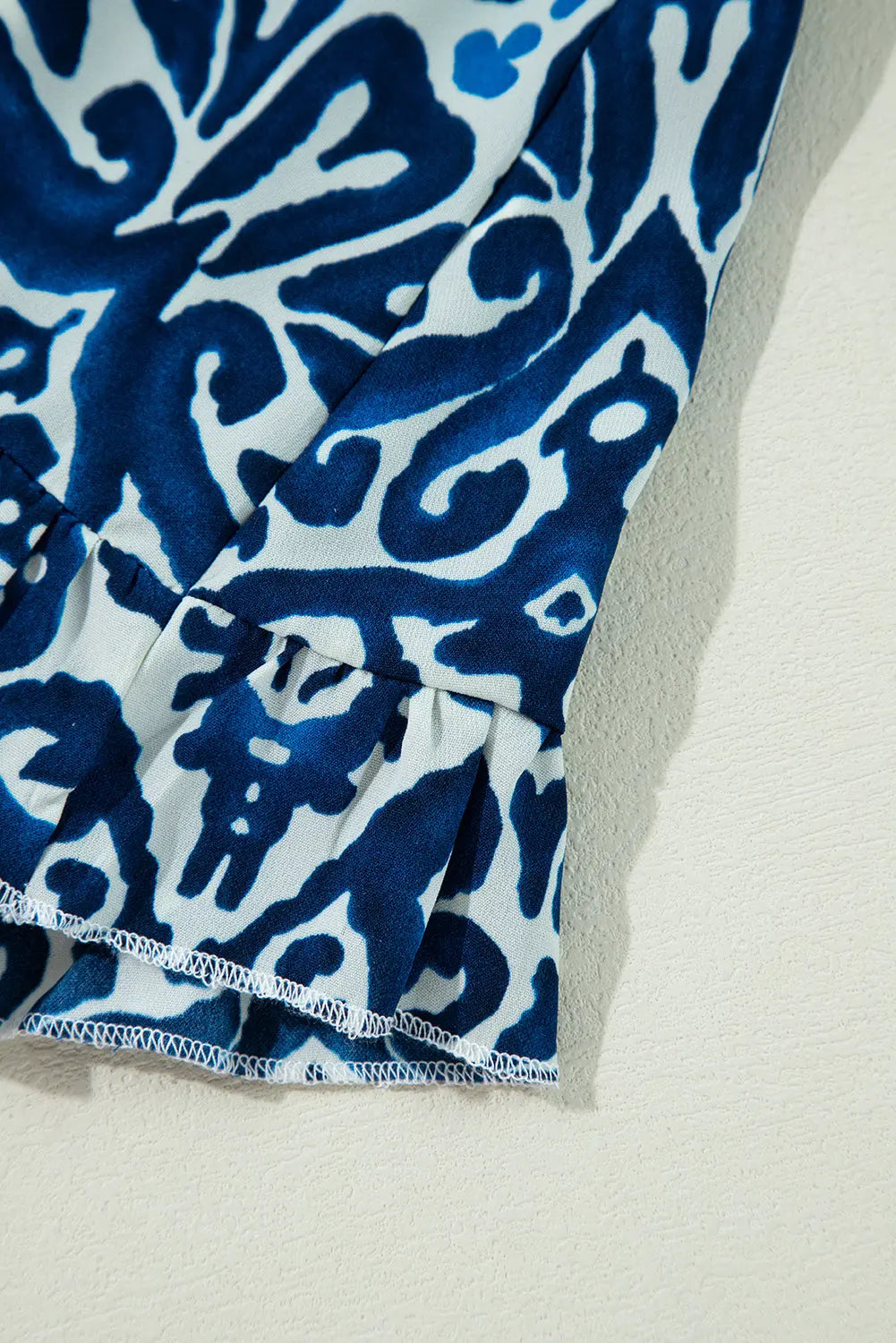 Blue Vintage Print Lace up V Neck Long Sleeve Mini Dress - eAura