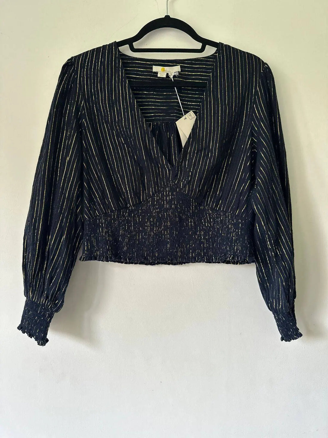 Boden Blue Metallic Yarn Smocked Crop Top size 12 - BB Fashion Outlet