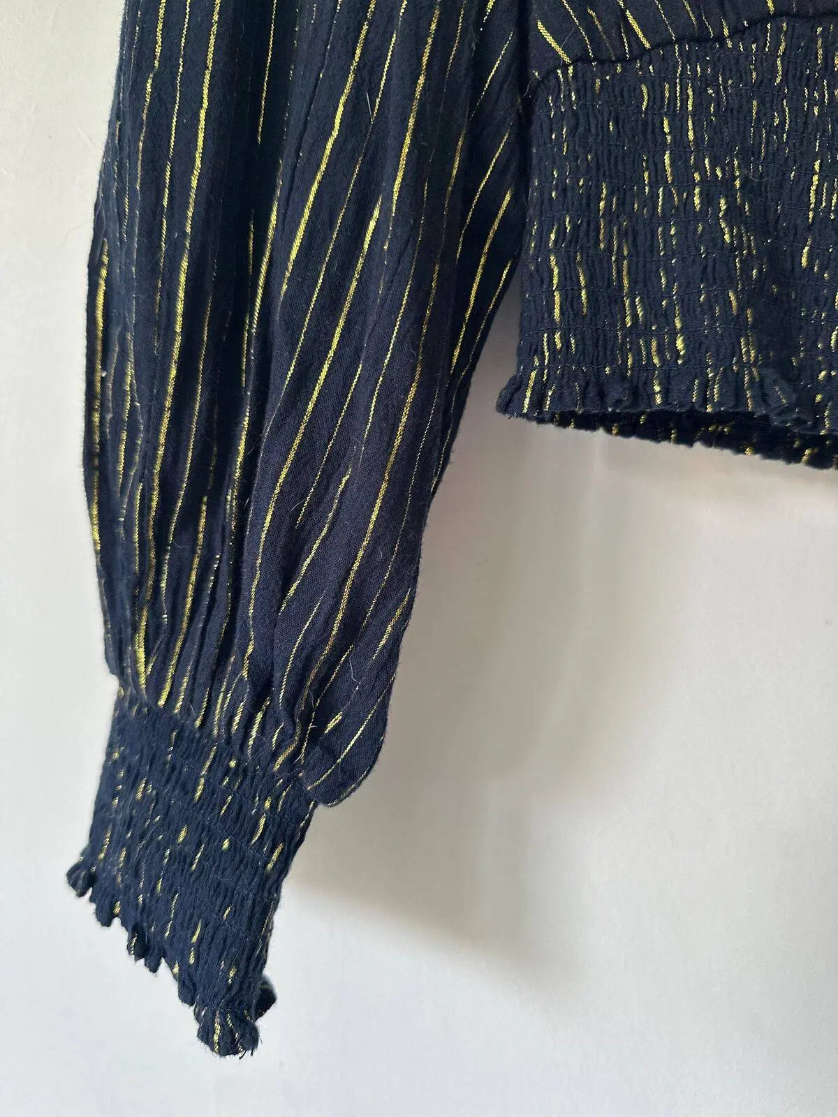 Boden Blue Metallic Yarn Smocked Crop Top size 12 - BB Fashion Outlet