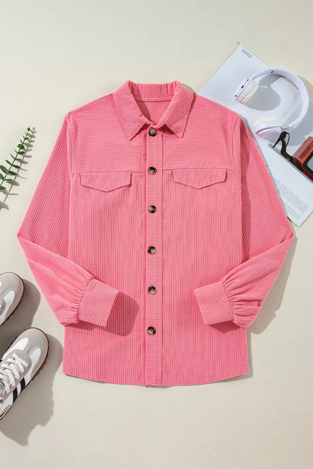 Bonbon Corduroy Flap Detail Button Up Split Shacket - eAura