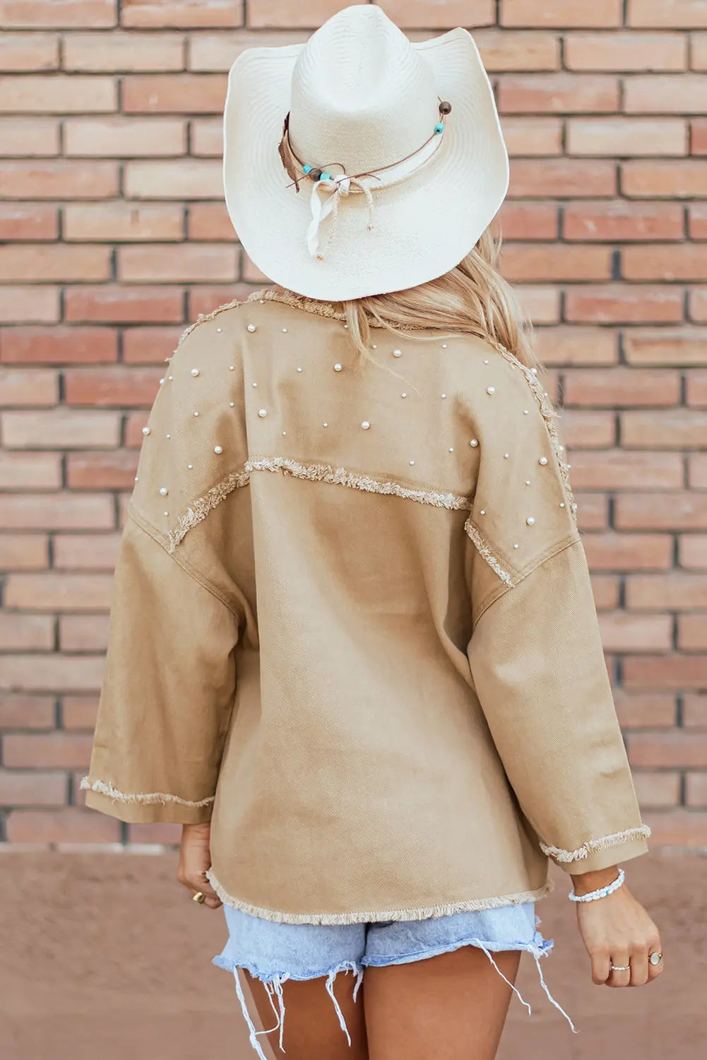 Bonbon Pearl Beaded Raw Hem Button Up Denim Jacket Beagle Boutique Fashion Outlet