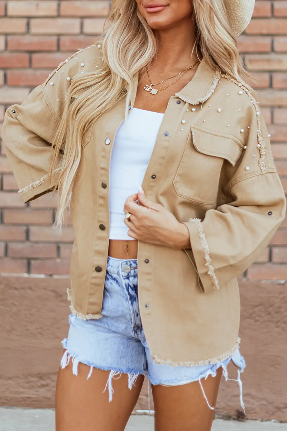 Bonbon Pearl Beaded Raw Hem Button Up Denim Jacket Beagle Boutique Fashion Outlet