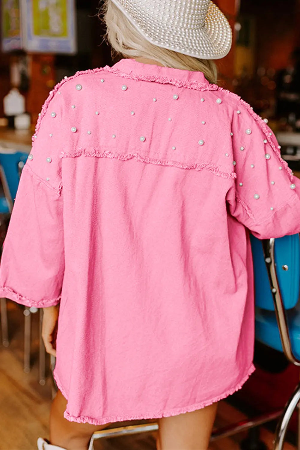Bonbon Pearl Beaded Raw Hem Button Up Denim Jacket Beagle Boutique Fashion Outlet