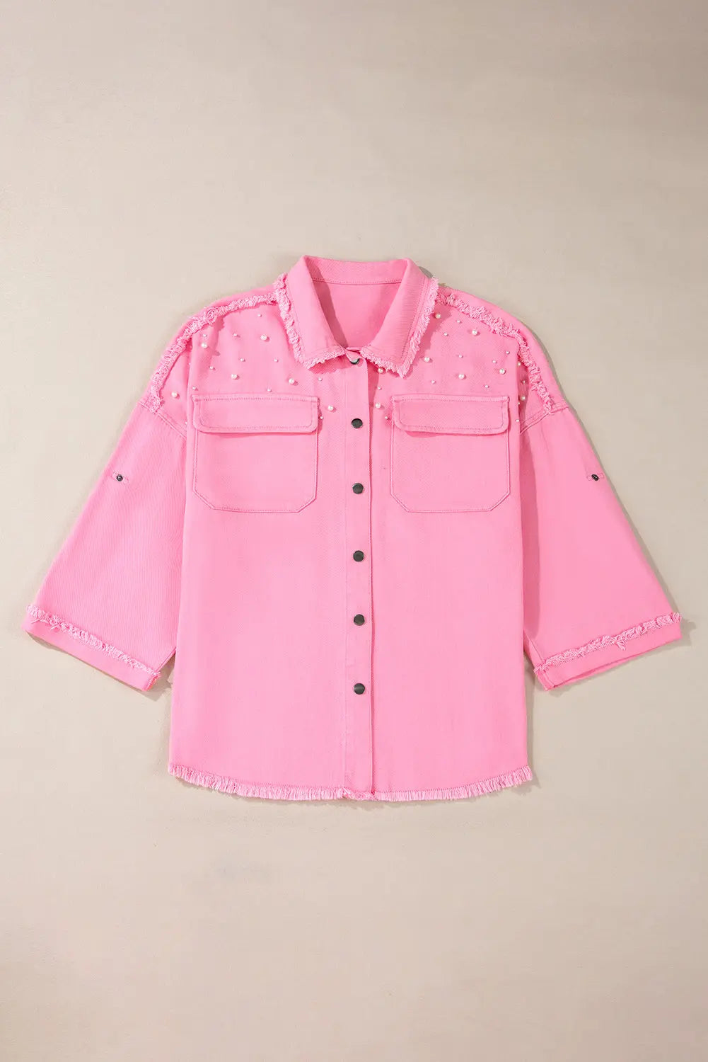 Bonbon Pearl Beaded Raw Hem Button Up Denim Jacket Beagle Boutique Fashion Outlet