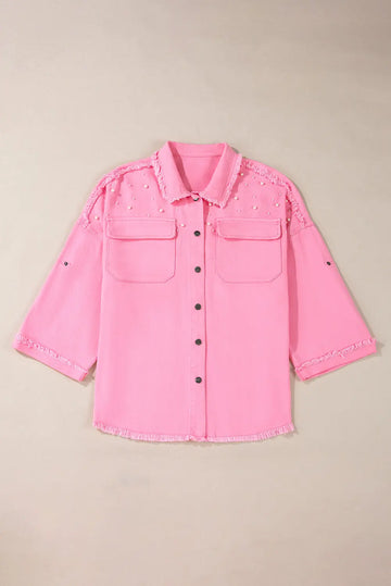Pink Pearl Beaded Raw Hem Button Up Denim Jacket - Outerwear/Denim jackets
