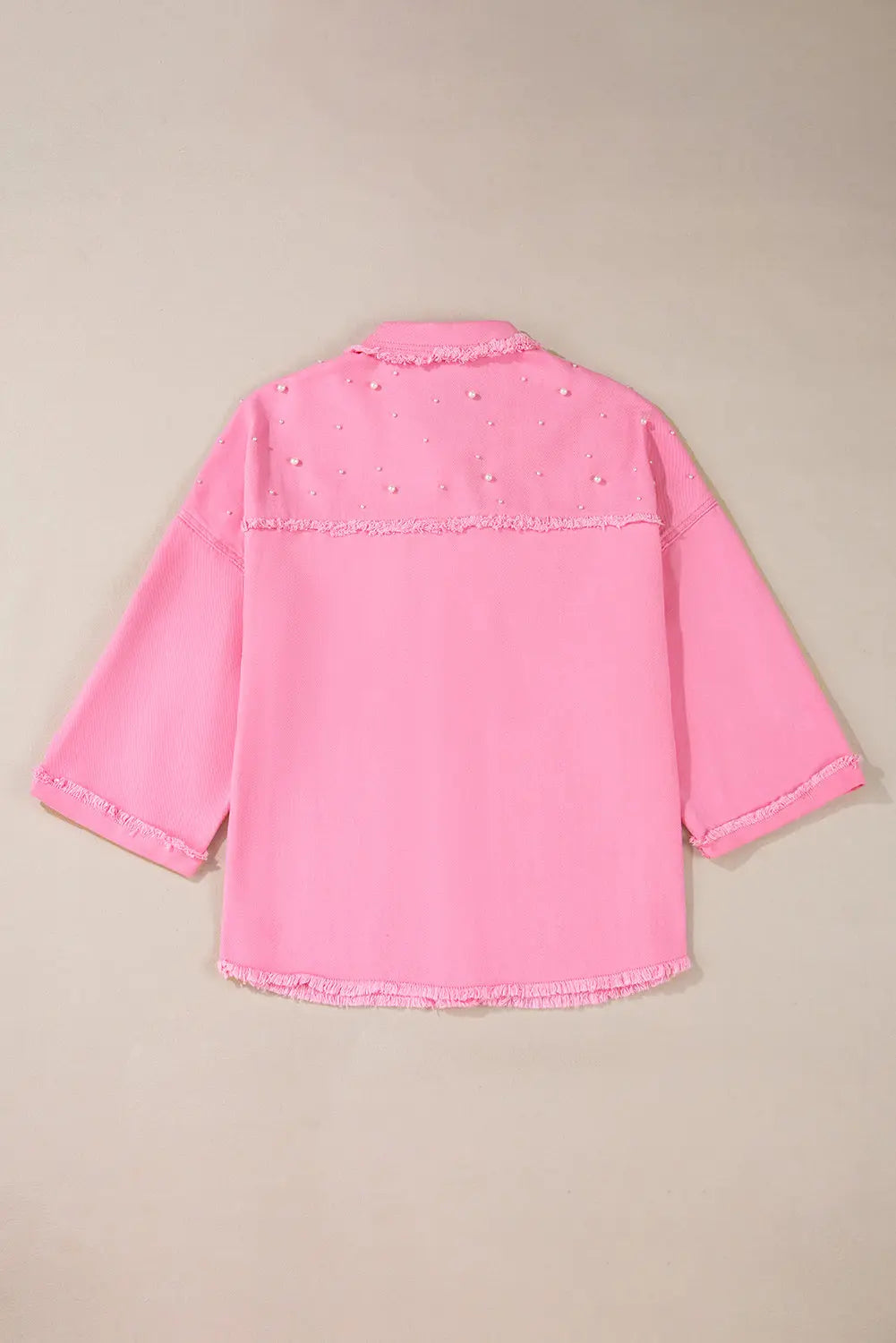 Bonbon Pearl Beaded Raw Hem Button Up Denim Jacket Beagle Boutique Fashion Outlet