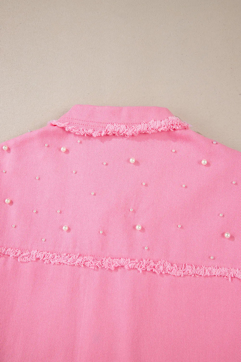 Bonbon Pearl Beaded Raw Hem Button Up Denim Jacket Beagle Boutique Fashion Outlet