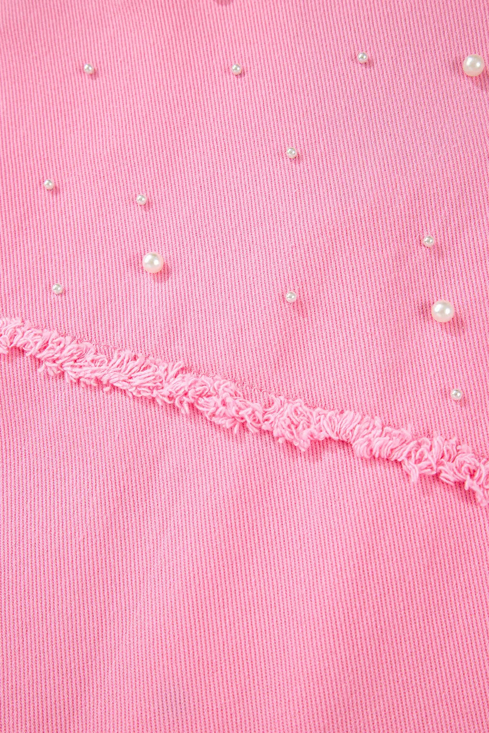 Bonbon Pearl Beaded Raw Hem Button Up Denim Jacket Beagle Boutique Fashion Outlet