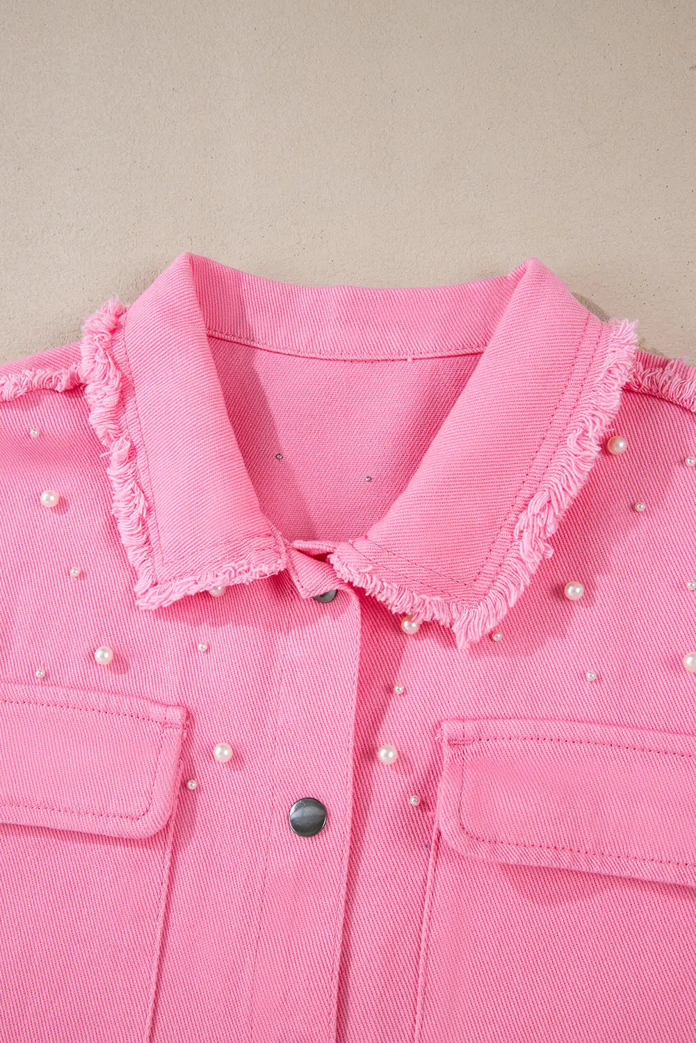 Bonbon Pearl Beaded Raw Hem Button Up Denim Jacket Beagle Boutique Fashion Outlet