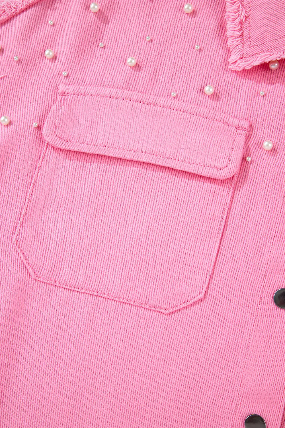 Bonbon Pearl Beaded Raw Hem Button Up Denim Jacket Beagle Boutique Fashion Outlet
